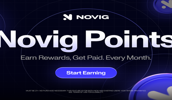 Novig Points program hero banner with “Earn Rewards, Get Paid Every Month” and Start Earning button