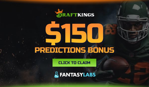 DraftKings promo code offer graphic showing a $5 trade unlocking $150 in Predictions Dollars.