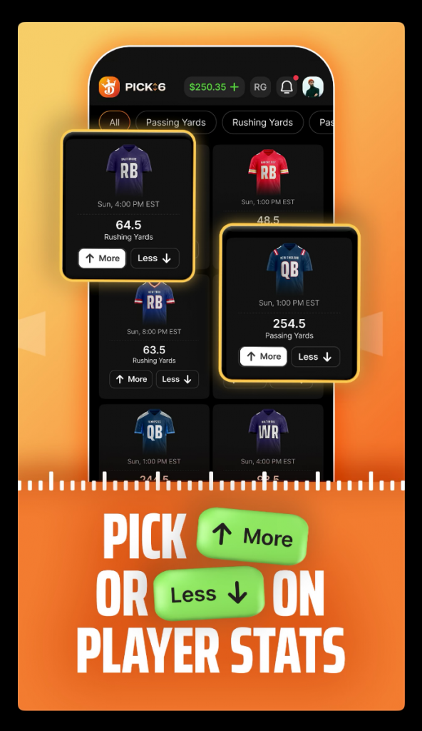 draftkings pick6 app featuring pick more or less on player stats