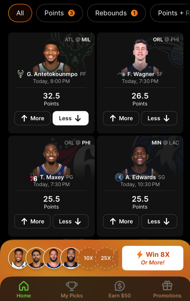 draftkings pick6 app featuring 4 nba picks with a multiplier of 8x+