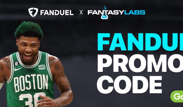 fanduel promo code graphic with marcus smart of the boston celtics
