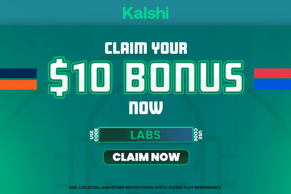 Register with the Kalshi promo code LABS to snag a $10 bonus offer for NBA predictions on games available today.
