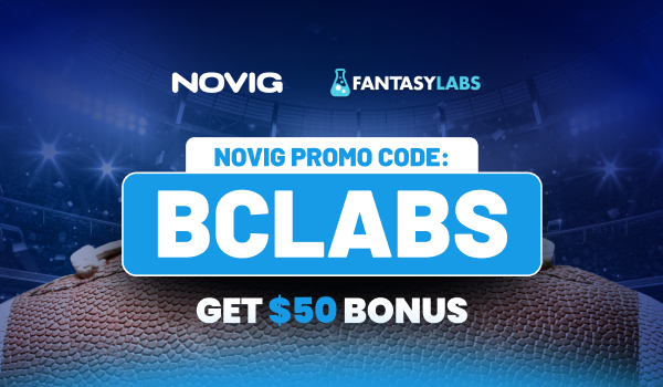 Novig promo code BCLABS offer graphic next to Notre Dame vs. North Carolina odds and prediction.