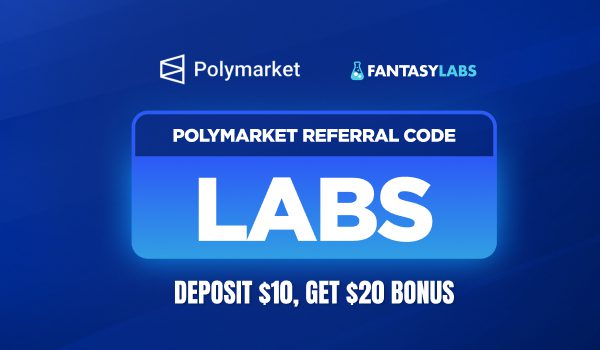 Polymarket MLB promo code LABS offer card showing a $10 deposit and a $20 trading bonus for MLB markets.